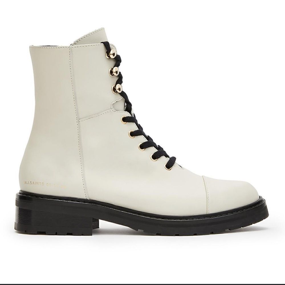 All Saints Dusty Leather Lace Up Combat Boots in White NWOB